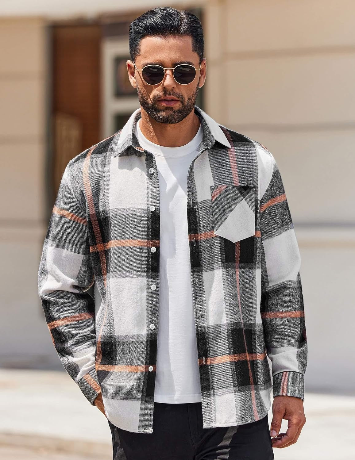 Men's Lightweight Long Sleeve Plaid Flannel Shirt - Casual Button-Down Jacket