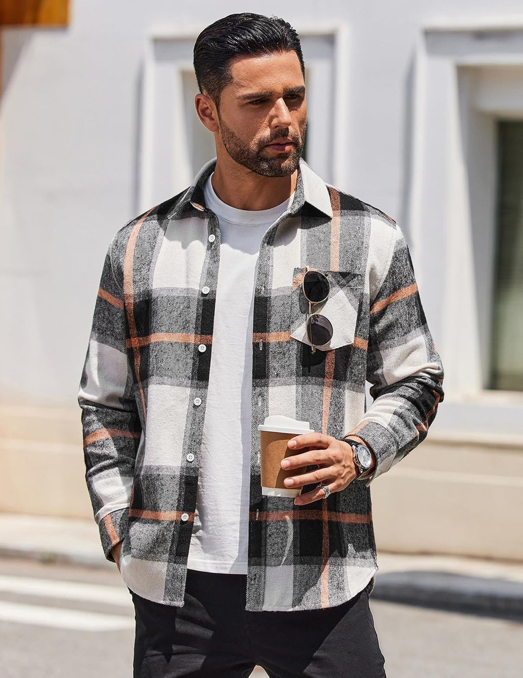 Men's Lightweight Long Sleeve Plaid Flannel Shirt - Casual Button-Down Jacket