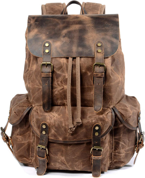 Men's Leather and Waxed Canvas Travel Backpack - Shoulder Rucksack Carry-On