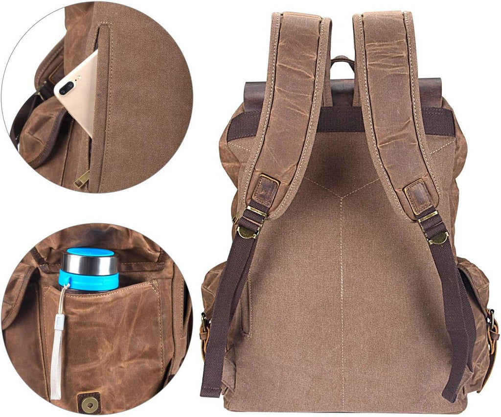 Men's Leather and Waxed Canvas Travel Backpack - Shoulder Rucksack Carry-On